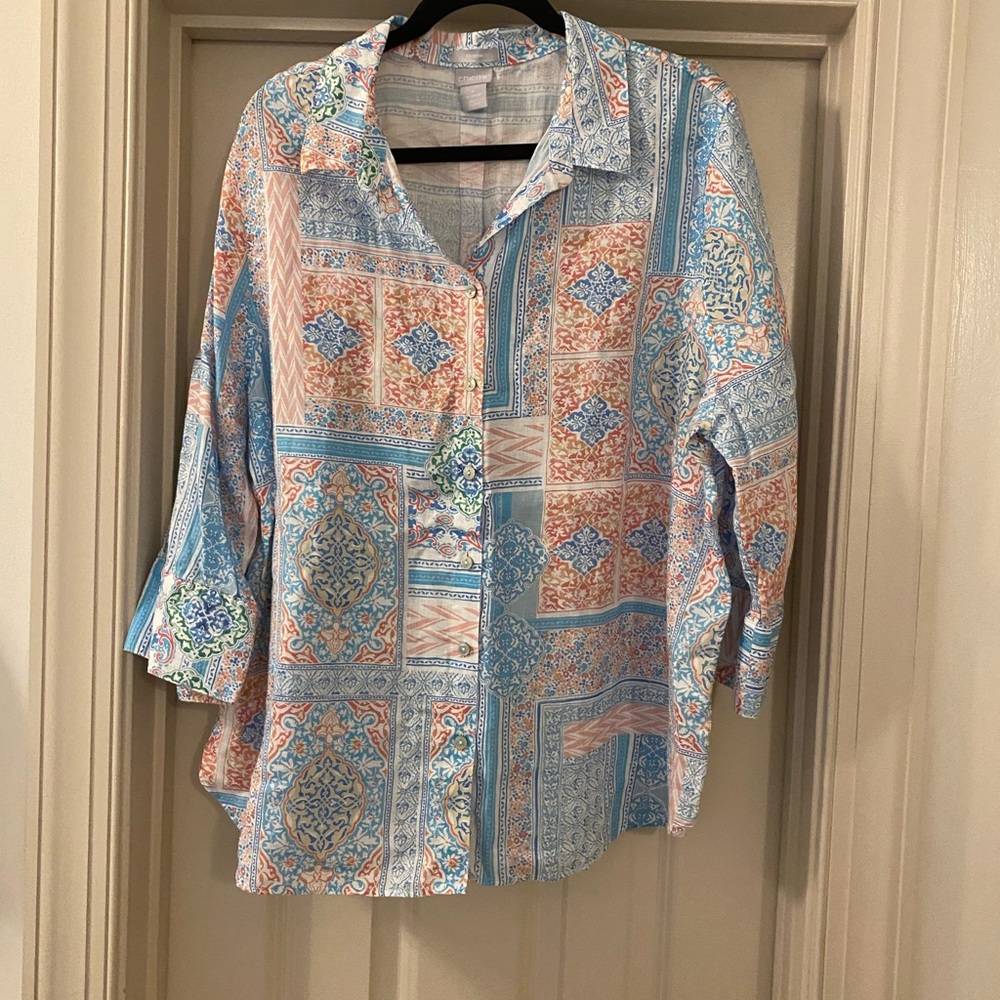 Chico's size 4 100% Linen Multicolor Patterned Shirt Blue Orange